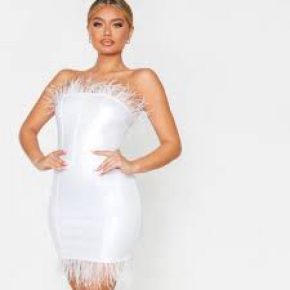 PrettyLittleThing Strapless White Dress with Feather Detail